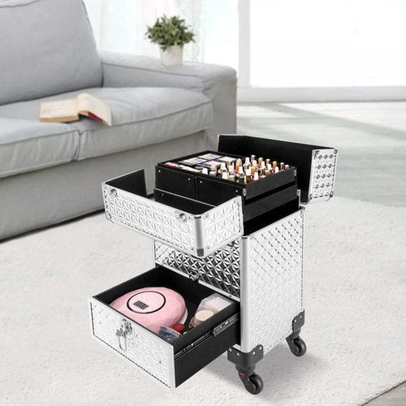 Rolling Makeup Train Case with Drawers&4 Wheel, Professional Aluminum Cosmetic Trolley Cases, Manicure Storage Case Trolley Makeup Case, Portable Beauty/Hair Styling Travelling Cart Trunk (Silver)