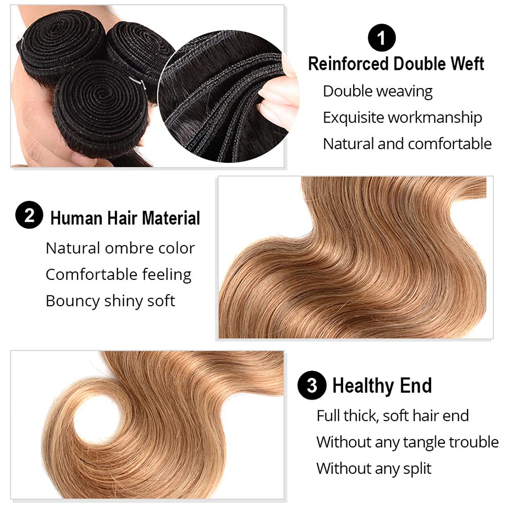 1B/27 Human Hair Bundles Ombre Body Wave Human Hair Bundles Brazilian Unprocessed Virgin Hair 3 Bundles 16 18 20 Inch Two Tone Black and Honey Blonde Bundles Ombre Bundles Hair Weave