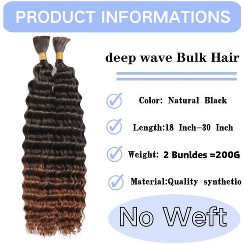 Deep Bulk Hair For Braiding Hair Wet And Wavy Deep Wave Bulk Hair 20inch 200g,Quality Synthetic Micro Braiding Hair Extensions for Boho Braids No Weft 2Pack T1/30#