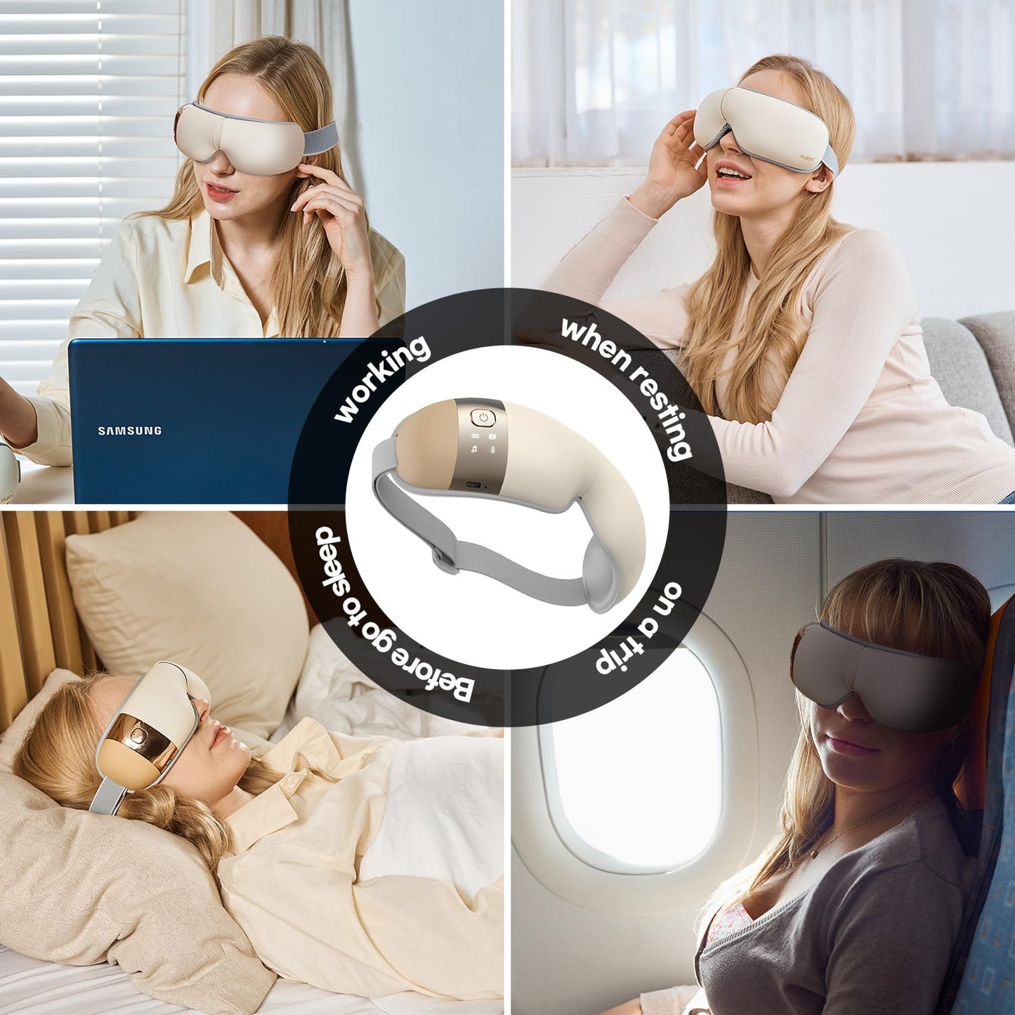 HuBDIC HubiCare Eye Massager with Heat, Heated Air Pressure Eye Mask for Migraines with Music, Smart Migraine Massager Reduce Dry Eyes Improve Sleep, Birthday Gifts for Women Men Mom Dad (Beige)