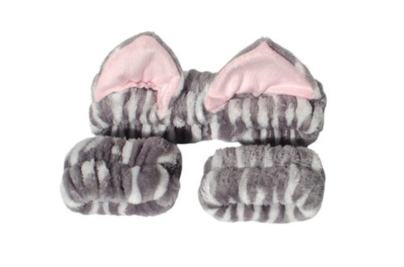 3 Piece Cat Ears Spa Headband For Washing Face (Grey, One Size Fits All)