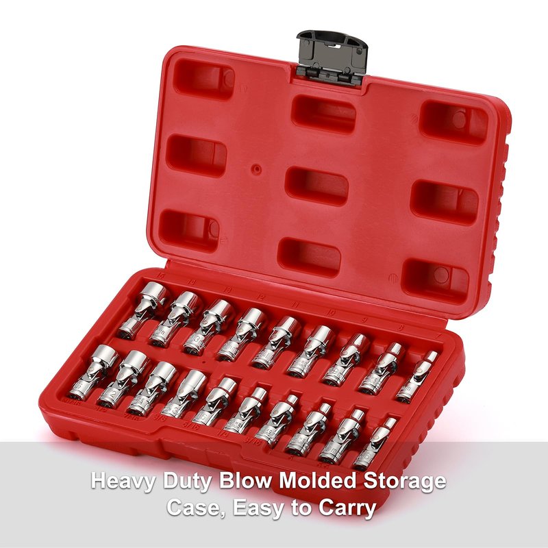 CASOMAN 19PCS 1/4" Drive Universal Joint Socket Set, Metric(5mm to 15mm) & SAE(3/16" to 9/16"), Flexible Wobble Sockets for Easier Access to Tight Spaces, 6-Point, Cr-V