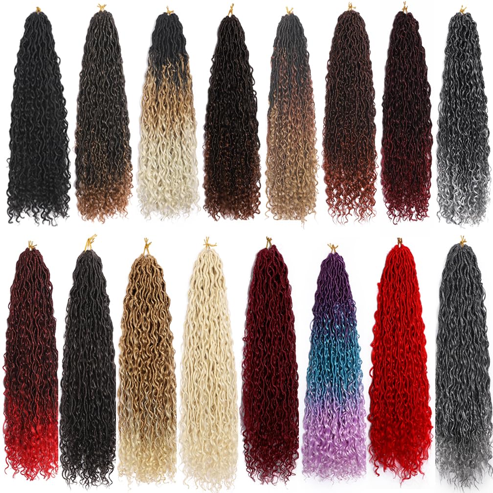 BALINGHAIR Goddess Locs Crochet Hair Burgundy 22 Inch 3 Packs Bohemian Faux Locs Crochet Hair With Curly Ends Pre Looped Hair Extensions 16 Roots/Pack(Bug)