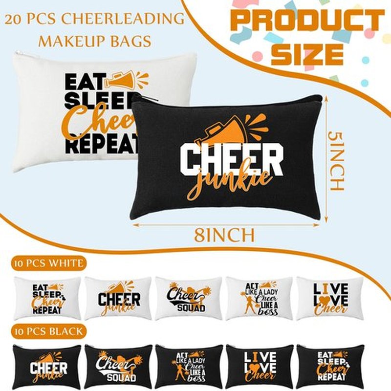 Pinkunn 20 Pcs Cheer Makeup Bags Bulk Cheerleader Gifts for Women Canvas Cheer Cosmetic Pouch Toiletry Zipper Makeup Case Cheerleading Portable Travel Pouch Cheer Team Accessories(Orange)