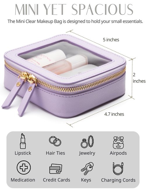 Small Cosmetic Bag for Purse Mini Makeup Bag for School Cute Clear Make Up Pouch for Travel Tiny Leather Purple Make Up Organizer Case for Backpack Toiletry Bag Waterproof Square Pouch with Zipper