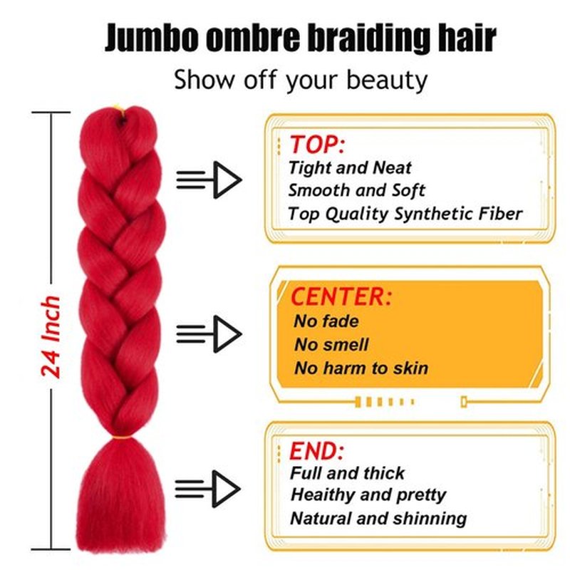 TENGSHUO FLY Red Braiding Hair 3 Packs Synthetic Braid Hair Extensions Jumbo Ombre Braiding Hair 24 Inch or Box Braids Twist Crochet Braids(24"3Pack,Red)