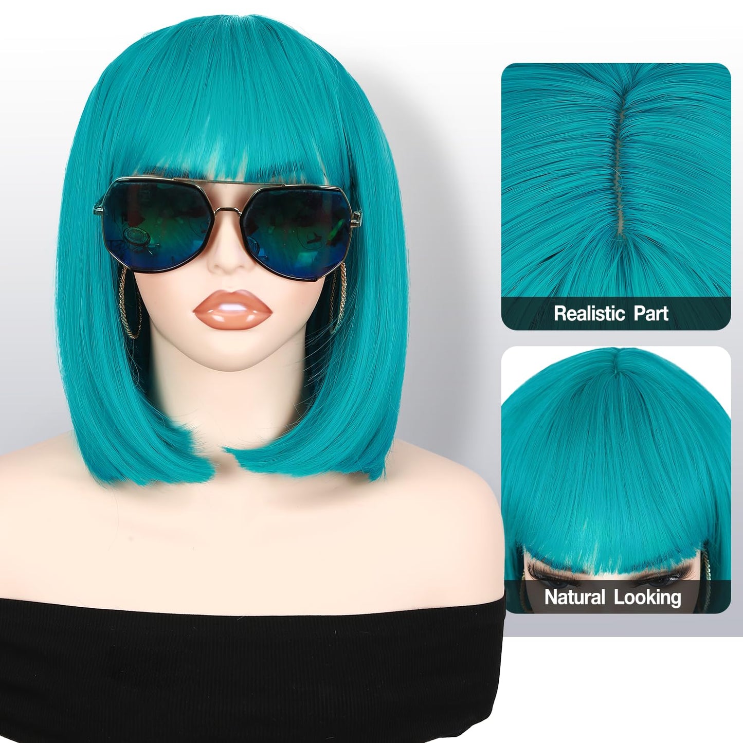 Fancy Hair Teal Bob Wig with Bangs Short Straight Turquoise Bob Wig Synthetic Vibrant Teal Blue Cosplay Bob Wig for Women 12 Inches