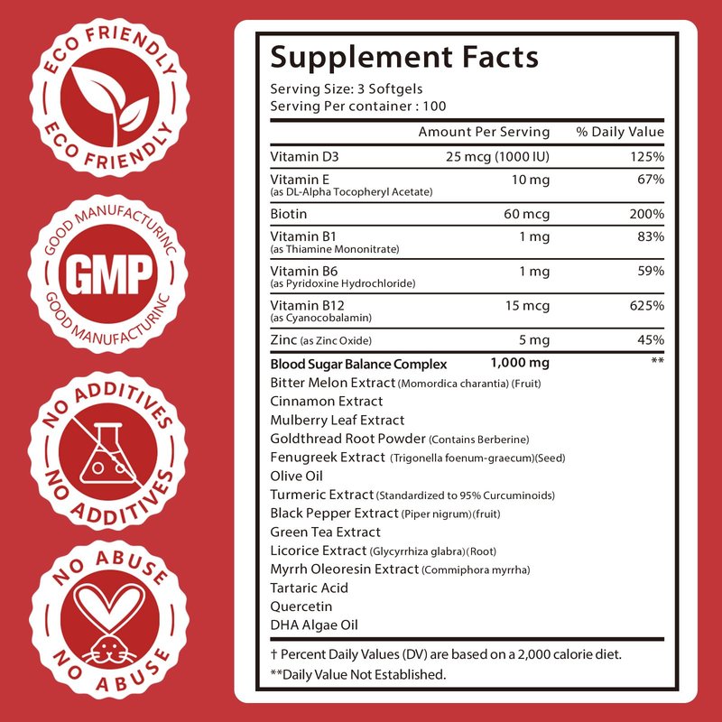 300 Softgels Blood Sugar Complex Supplement | 20+ Active Herbs-Berberine, Cinnamon, Bitter Melon, Mulberry Leaf, Fenugreek, Vitamins for Energy Level, Vitality Support | Clean Formula