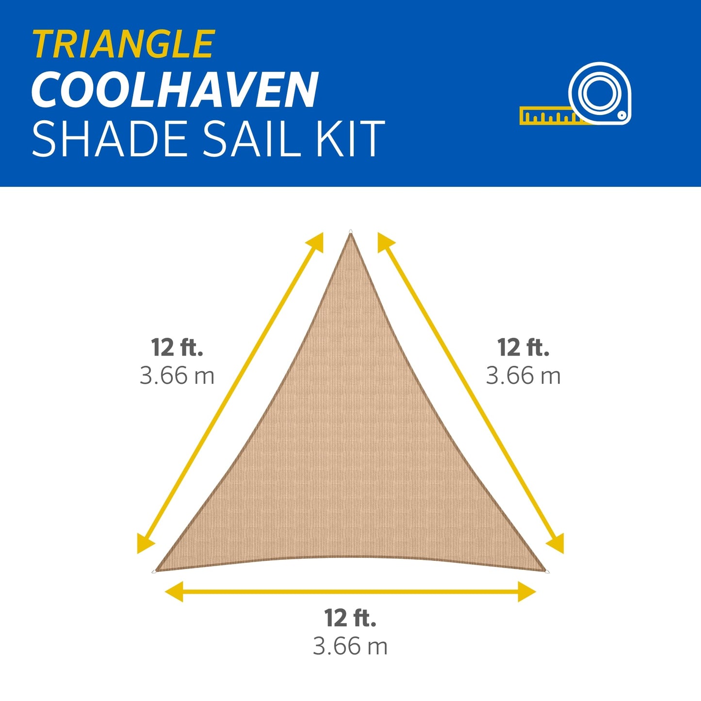 Coolaroo Coolhaven Shade Sail, 95% UV Block Shade and Sun Shield, Medium 12' Triangle Shade Sail Including Hardware Kit, Sahara Tan