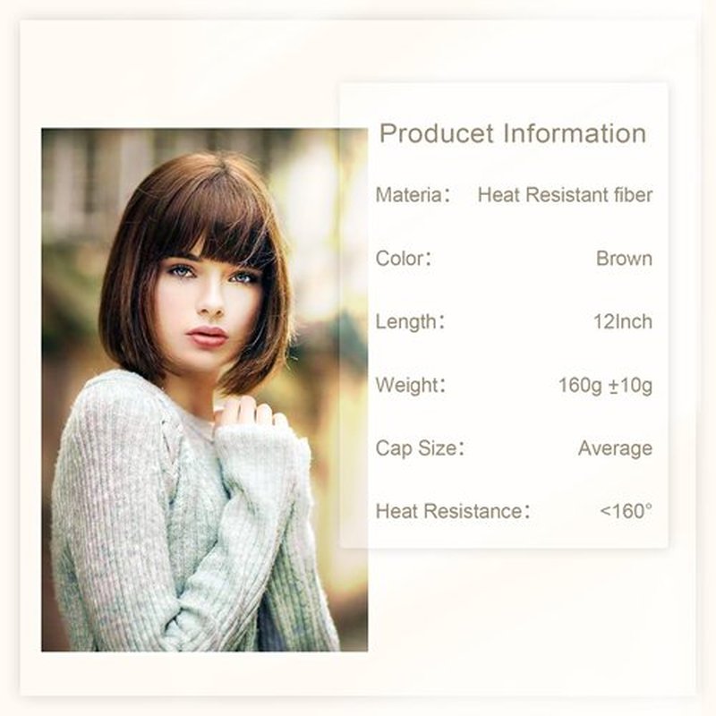 Aida ble Short Brown Bob Wig With Bangs Straight Bob Wigs for Women Brown Bob Synthetic Wig Super Soft and Easy to Wear Straight Bob Wig Colorful Synthetic Wig for Daily, Cosplay, Halloween