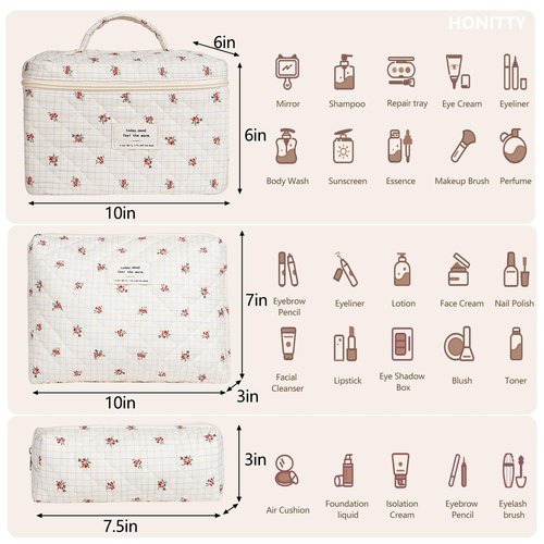 Makeup Bag,Quilted Cosmetic Bag,Large Floral Make Up Bag for Women,Cotton Makeup Bag Set,Flower Travel Toiletry Bag