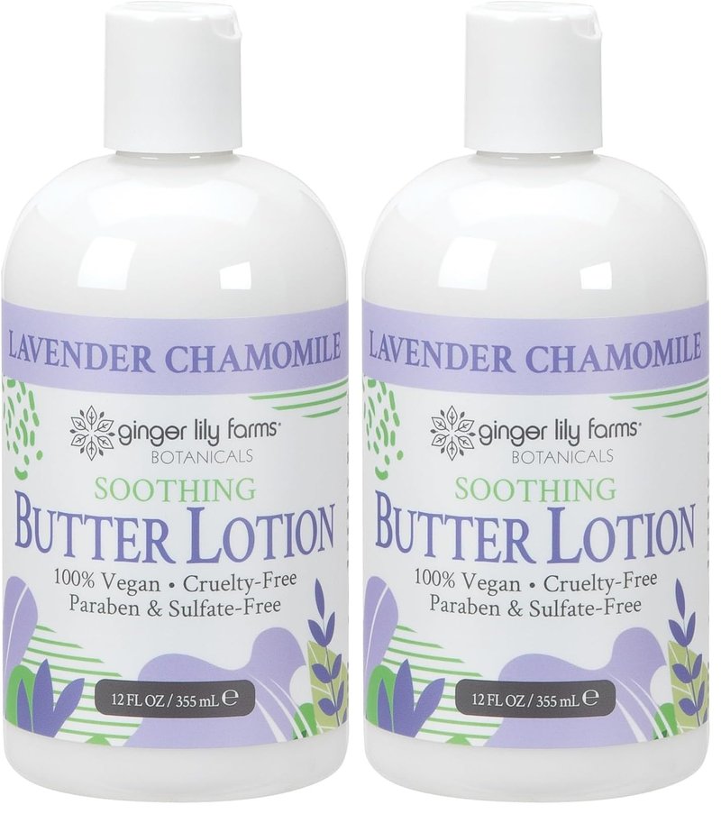 Ginger Lily Farms Botanicals Soothing Butter Lotion for Dry Skin, 100% Vegan & Cruelty-Free, Lavender Chamomile Scent, 12 Fl Oz (Pack of 2)