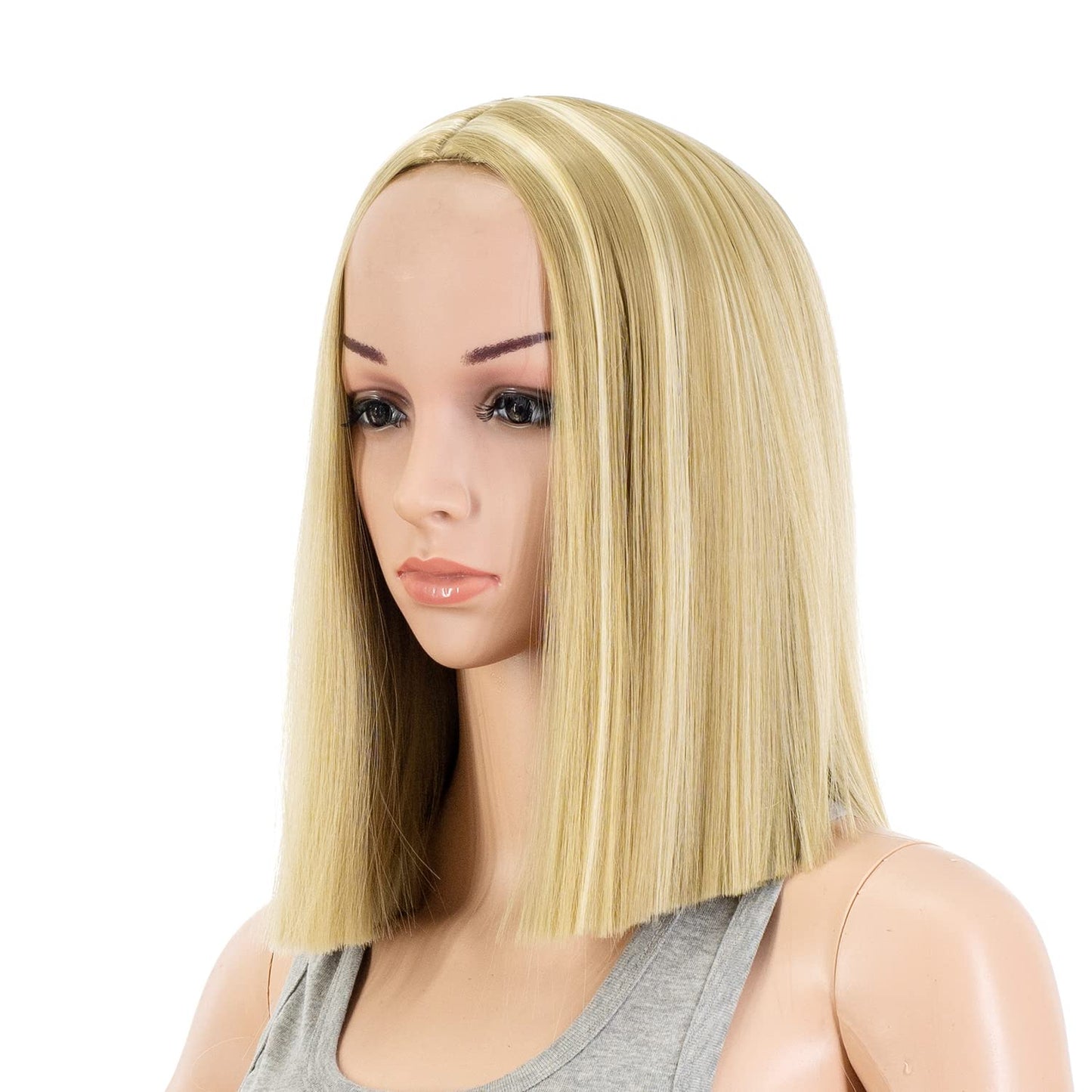 SWACC 12 Inch Short Length Straight Middle Part Hair Wig Synthetic Heat Resistant Wigs for Women with Wig Cap (Dirty Blonde Highlights)