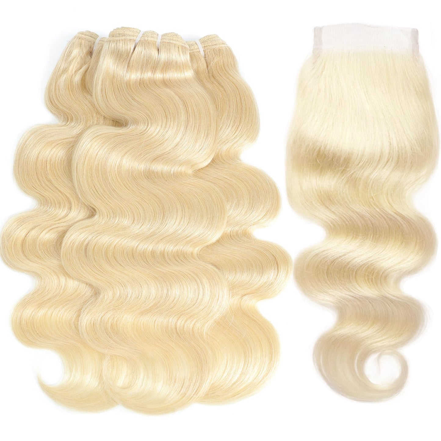 613 Bundles with Closure Blonde Human Hair Bundles with Closure (16 18 20+14)- 12A 100% Brazilian Virgin Hair Bundles with 4x4 Transparent Lace Closure, Body Wave Bundles with Closure
