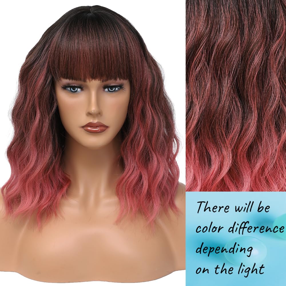 Short Pink Wigs with Bangs 14Inch Wavy Curly Bob Pastel Wig for Women Ombre Pink Shoulder Length Natural Looking Hair Replacement Wig for Daily Party Use Cosplay Costume Halloween Wig