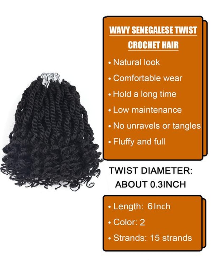 6 Inch Crochet Hair 8 Packs Wavy Senegalese Twist Crochet Hair Pre Looped Curly Ends Kinky Twist Crochet Braids Micro Two Strand Crochet Twist Hair (6 Inch,2)