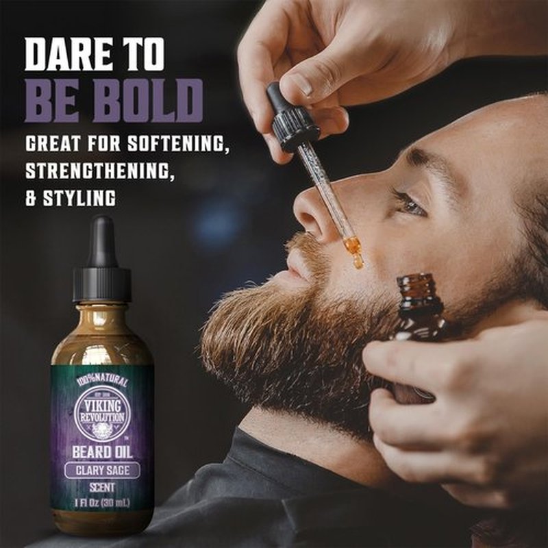 Viking Revolution Beard Oil with Clary Sage for Men - Natural Blend with Argan and Jojoba Oils for Softening, Strengthening, and Moisturizing
