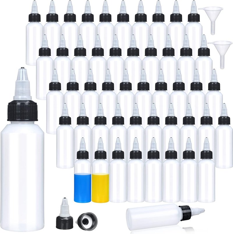 Boston Squeeze Bottles - 50 Pcs 2 oz Clear Plastic Dispensing Bottles with Twist Cap & Funnels | Perfect for Liquids & Oils