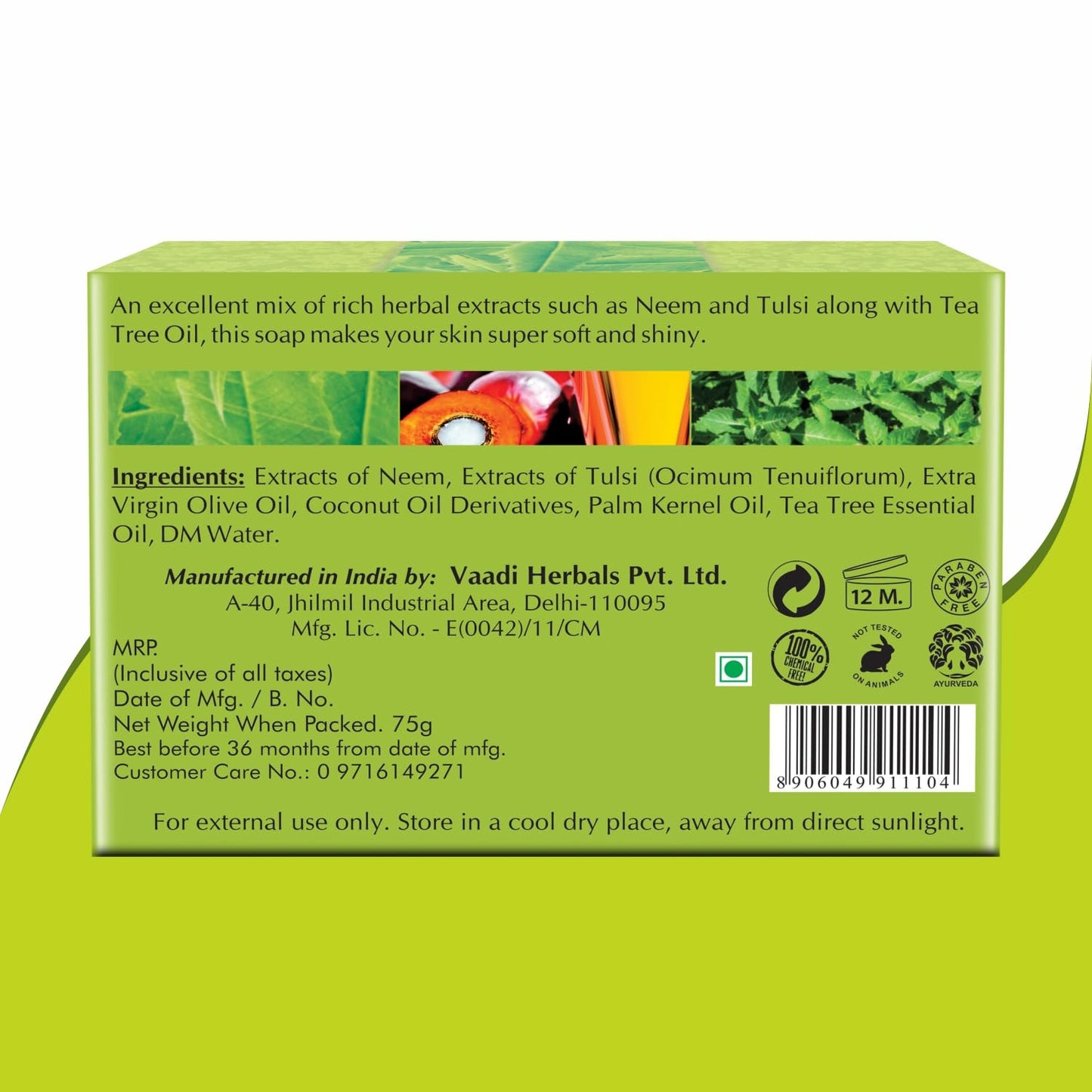 Vaadi Herbals Neem Soap (Neem Tulsi Bar Soap) with Tea Tree Oil - ALL Natural - Each 2.65 Ounces - Pack of 12 (32 Ounces, 2 Lb)