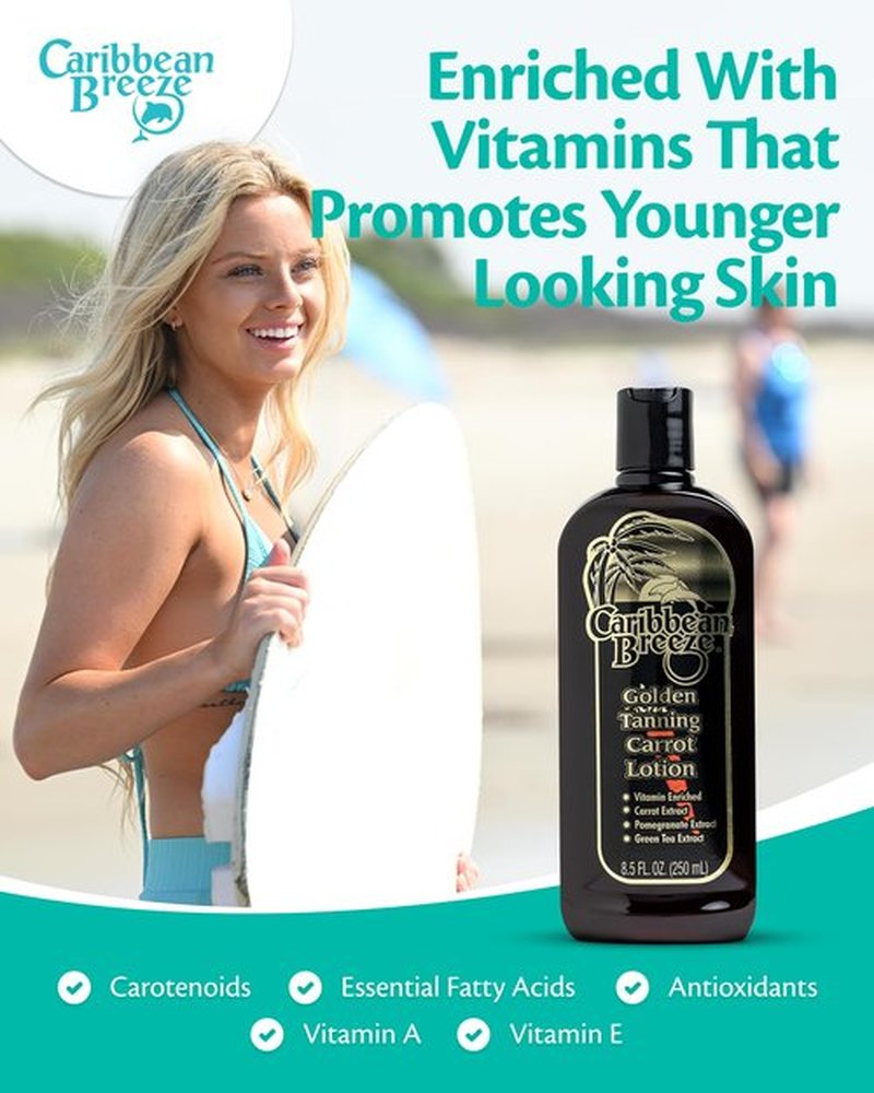 Caribbean Breeze Golden Carrot Sun Tanning Accelerator Lotion, Natural Tanning Lotion with Pomegranate Aloe Extracts, Rich in Oxidants, Moisturizes the Skin, and Anti-Aging Properties, 8.5 oz (250 ml)