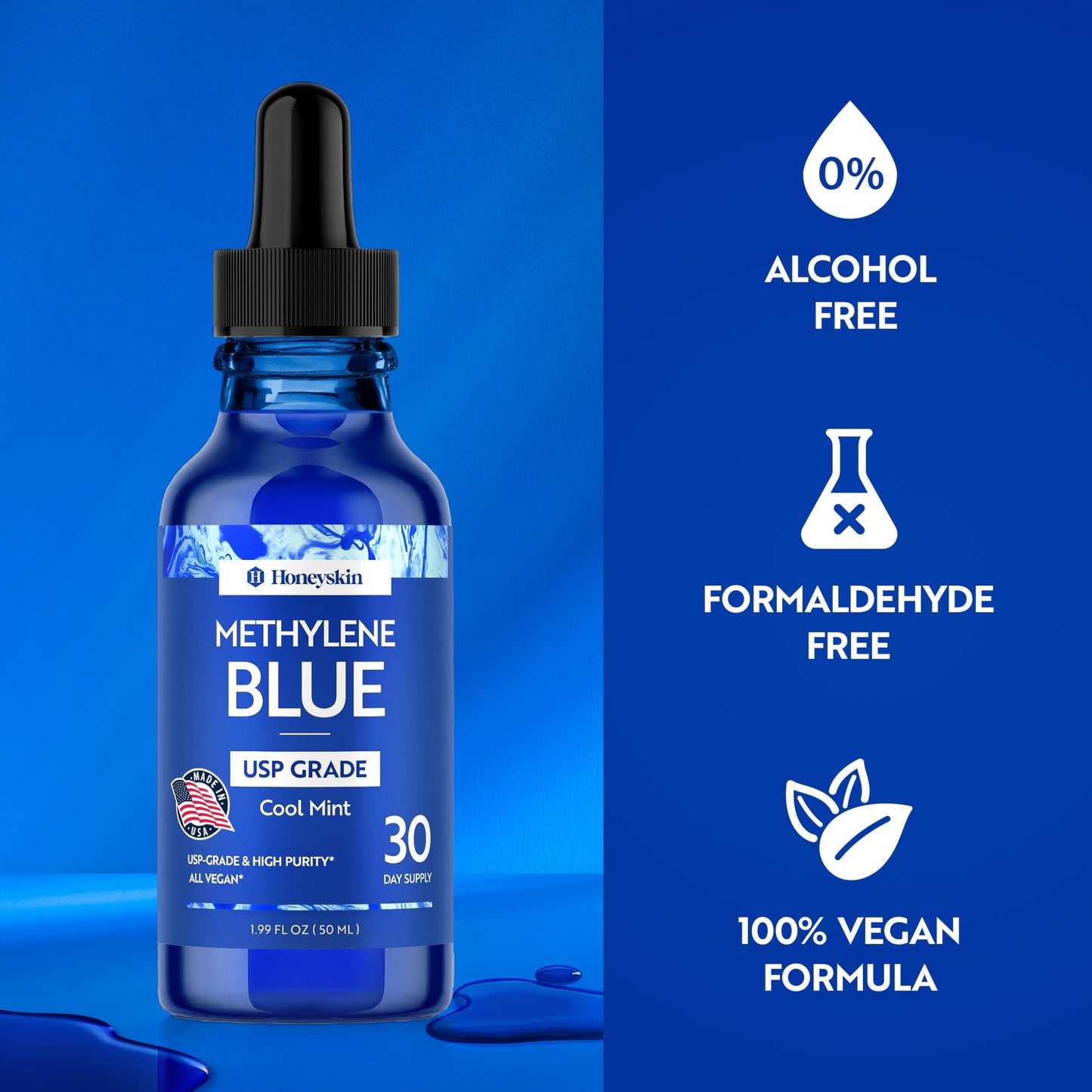 Honeyskin Methylene Blue Pharmaceutical Grade – 1% USP Grade High Purity Liquid Drops, Cool Mint Flavor | Alcohol-Free & Formaldehyde-Free | 50 Servings | Third-Party Tested, Made in USA