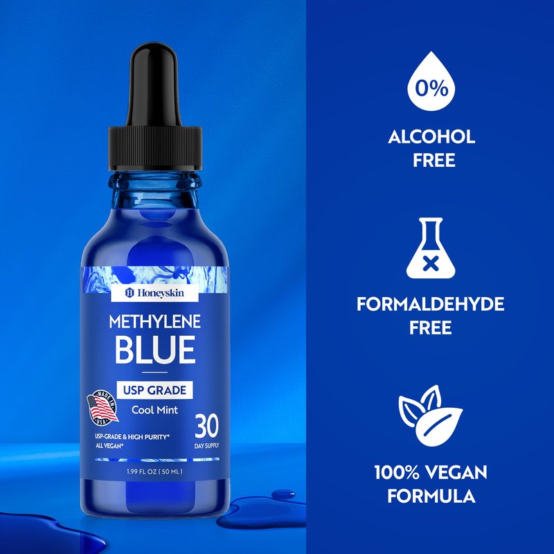 Honeyskin Methylene Blue Pharmaceutical Grade – 1% USP Grade High Purity Liquid Drops, Cool Mint Flavor | Alcohol-Free & Formaldehyde-Free | 50 Servings | Third-Party Tested, Made in USA
