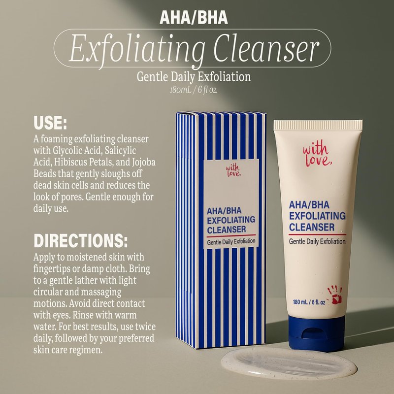 AHA/BHA Daily Exfoliating Face Wash, Deep Relief Glycolic Acid Cleanser for Acne-Prone Skin, AHA BHA Exfoliant Face Wash with Jojoba Beads