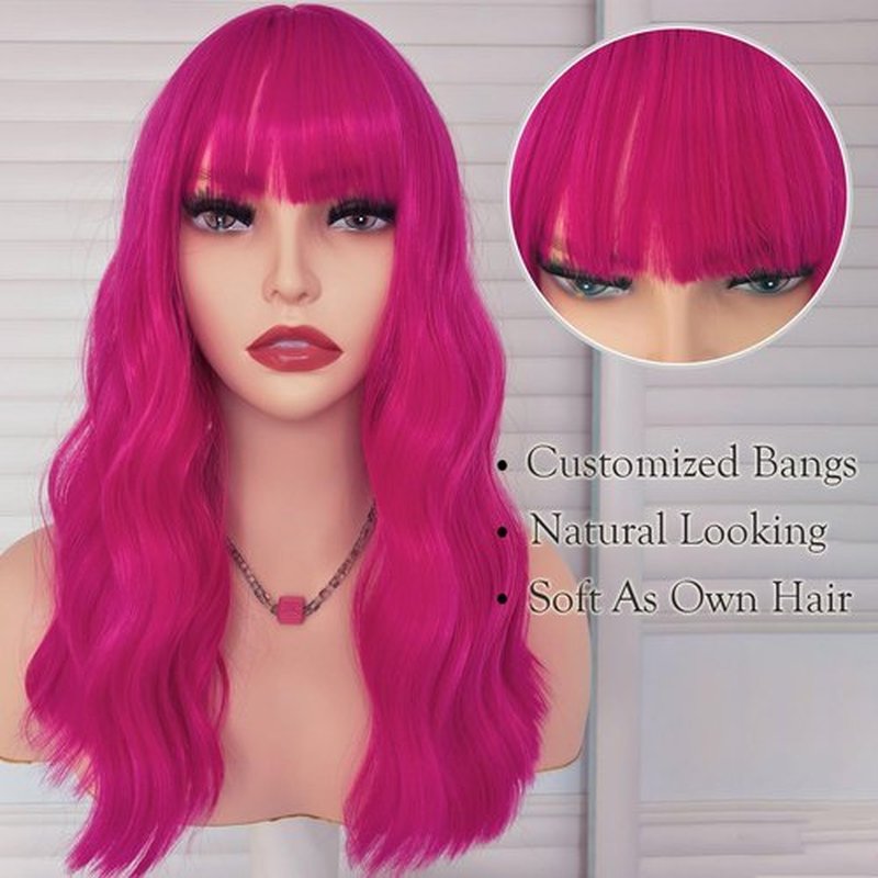 curldiva Hot Pink Wig with Bangs 16 Inch Natural Wave Synthetic Hair Wigs for Women Daily Wearing Shoulder Length Colorful Cosplay Fuchsia Hair Color Halloween Wig