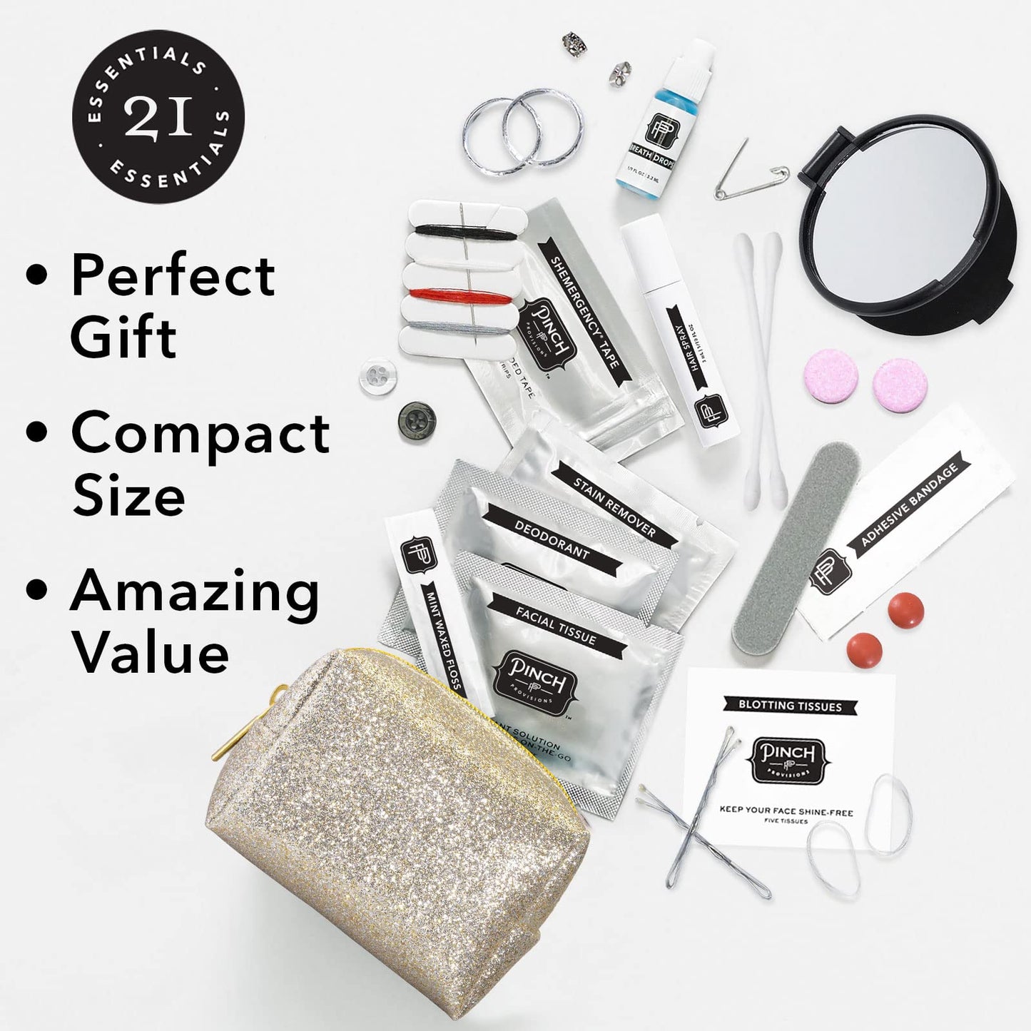 Pinch Provisions Champagne Glitter Minimergency Kit for Brides, Includes 21 Must-Have Essential Items for The Big Day, Compact, Multi-Functional Zipper Pouch, Perfect Survival Kit for Team Bride