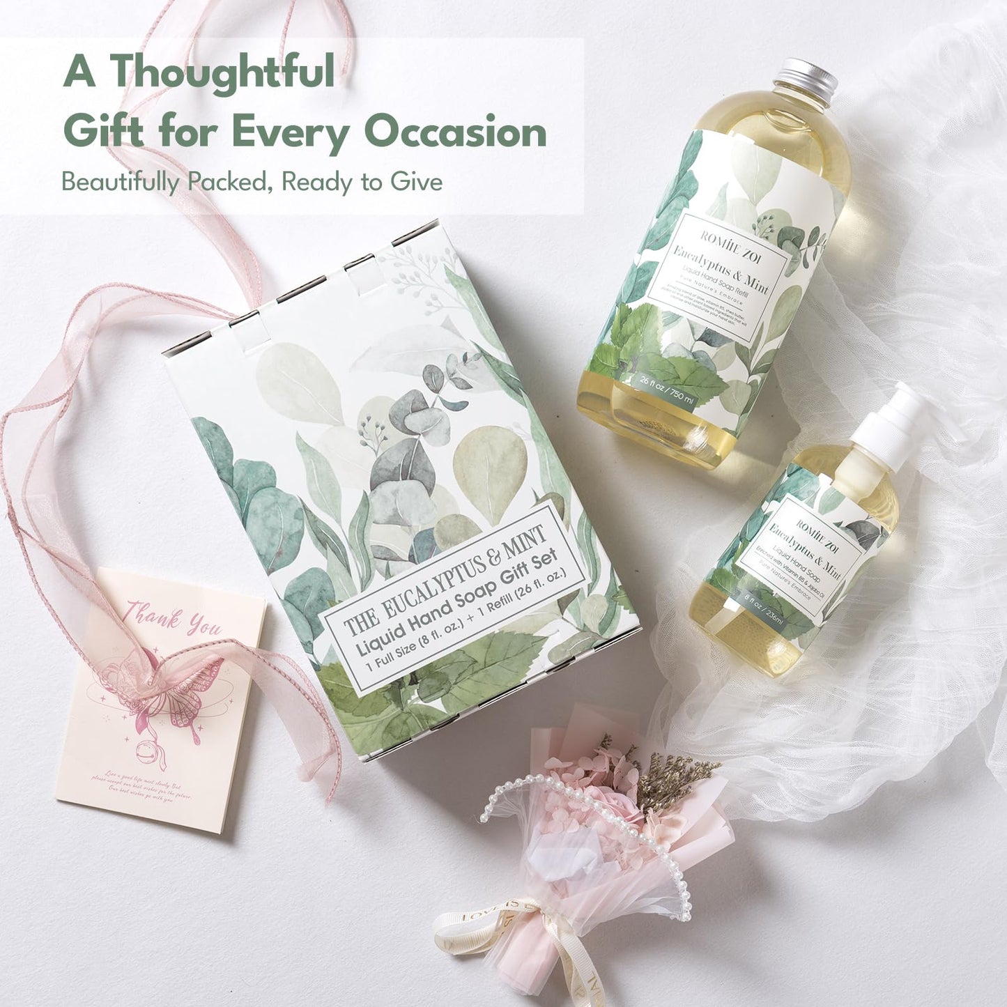ROMIIE ZOI Liquid Hand Soap Gift Set, 750ml Refill + 236ml Liquid Soap, Cruelty-Free, Moisturizing Formula with Essential Oils, For Sensitive Skin, Eucalyptus Mint Scent, For Kitchen & Bathroom