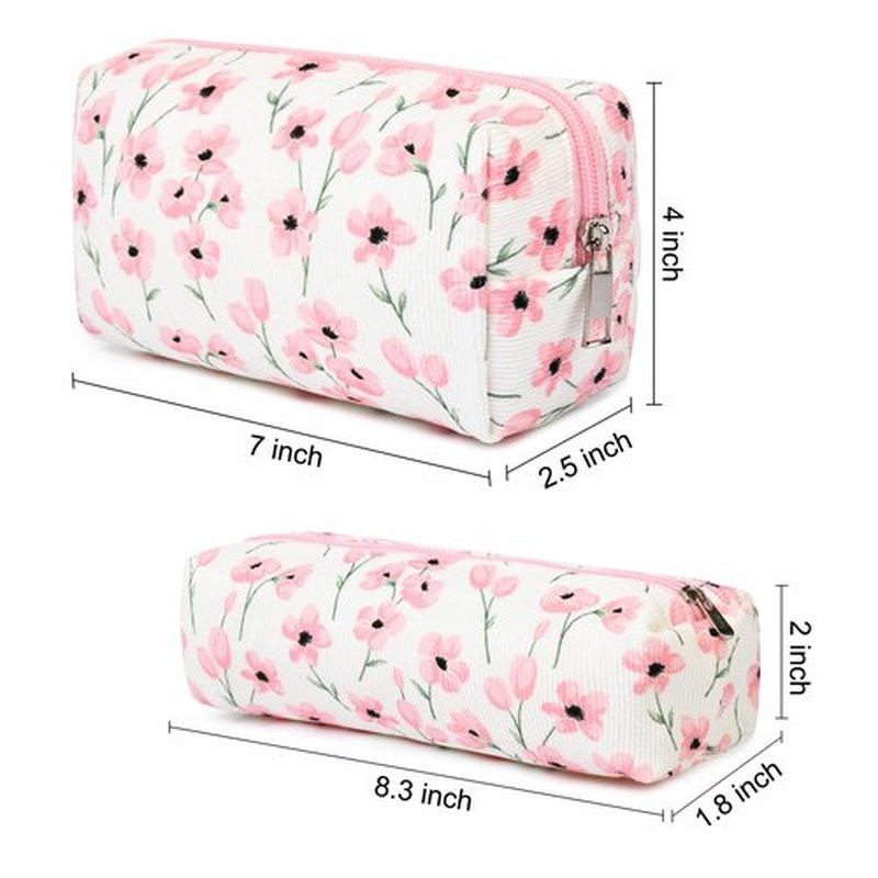 SOIDRAM Makeup Bag Corduroy Cosmetic Bag Cute Pink Floral Makeup Pouch 1Pcs Large Capacity Makeup Bags and 1Pcs Makeup Brushes Storage Bag Travel Toiletry Bag Organizer