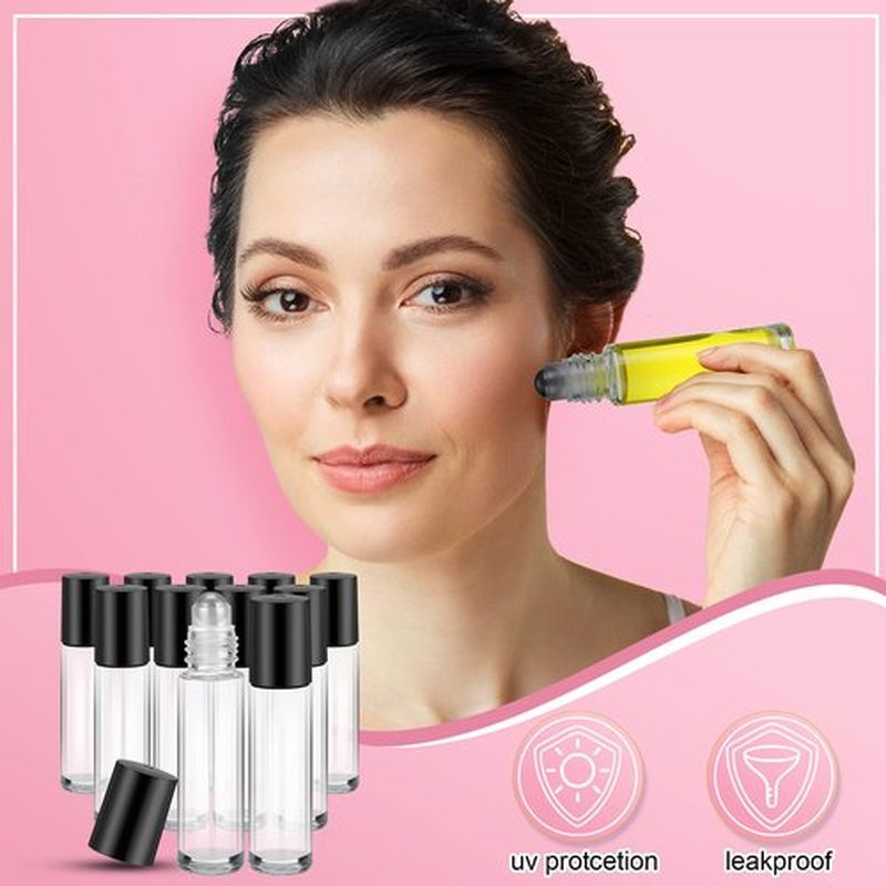 SEEWEY 96 Pcs Essential Oil Roller Bottles 10ml Empty Glass Roller Bottles with Stainless Steel Roller Balls Protection Leakproof with 5 Funnel for Travel Perfume Lip Gloss (Clear, Black Lid)