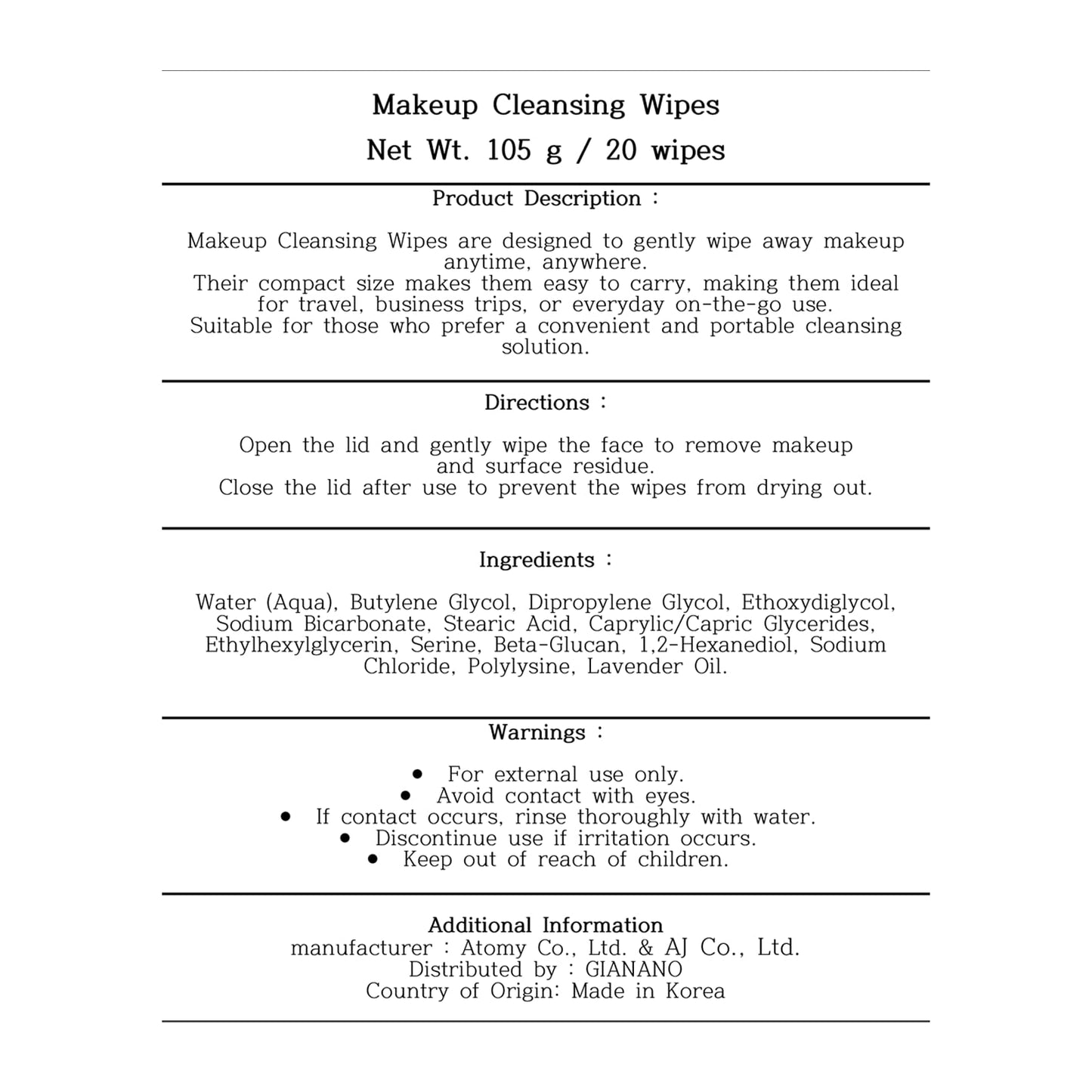 Makeup Cleansing Wipes, Travel Size Facial Wipes for Makeup Removal, Portable & Convenient, 20 Count