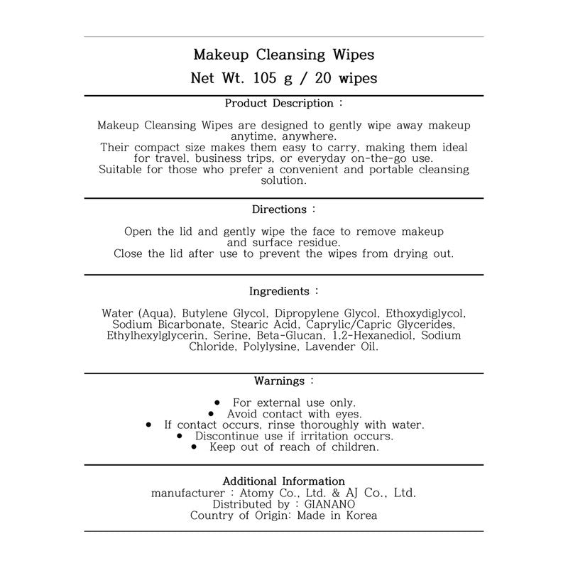 Makeup Cleansing Wipes, Travel Size Facial Wipes for Makeup Removal, Portable & Convenient, 20 Count