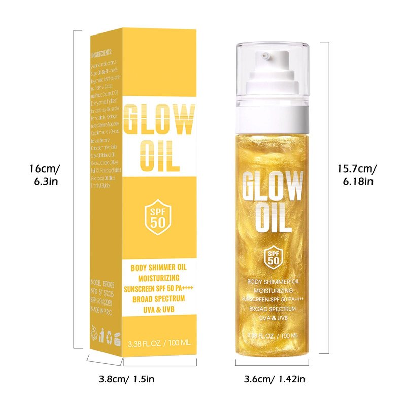 Body Glow Oil, Broad Spectrum SPF 50, Glitter Shimmer Sunscreen Body Oil Lotion with Sequin Mica, Lightweight Non-Sticky Moisturizer with Coconut, Skin Illuminator Glowing Results (03# Gold)
