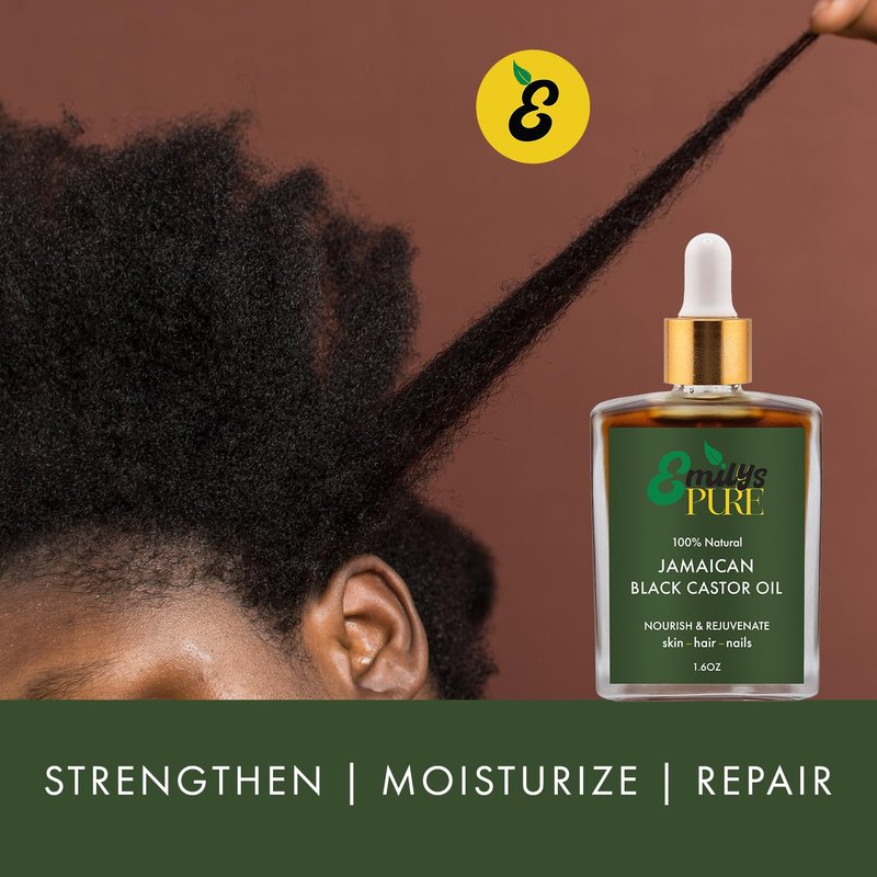 Emily's Pure Jamaican Black Castor Oil 1.6oz – 100% Pure, Authentic Fire Roasted Oil for Hair Growth Support, Scalp & Beard Care, Eyelashes & Eyebrows, Hexane Free
