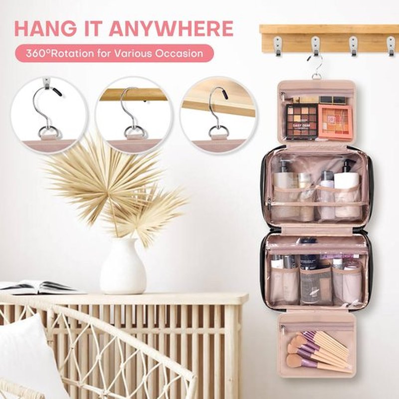 HXLGMD Travel Toiletry Bag for Women, Portable Makeup Cosmetic Bag with Hanging Hook, Travel Essentials 3 in 1 Packing Organizer Travel Bag for Accessories, Shampoo, Full-size Container, Toiletries