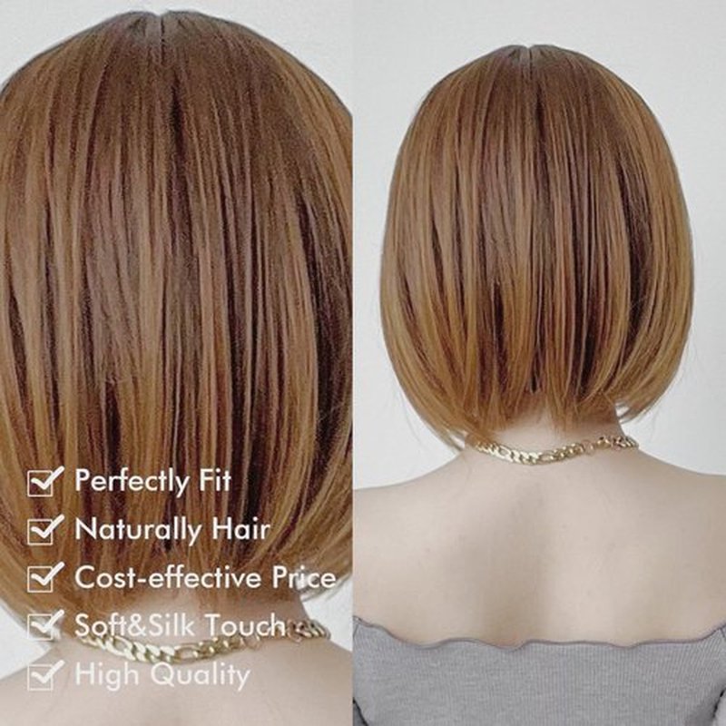 Tangyaoyusun 12Inch Dark Brown Wig with Bang Short Straight Bob Hair For Girls Women Theme Party (Brown Mix Blonde)