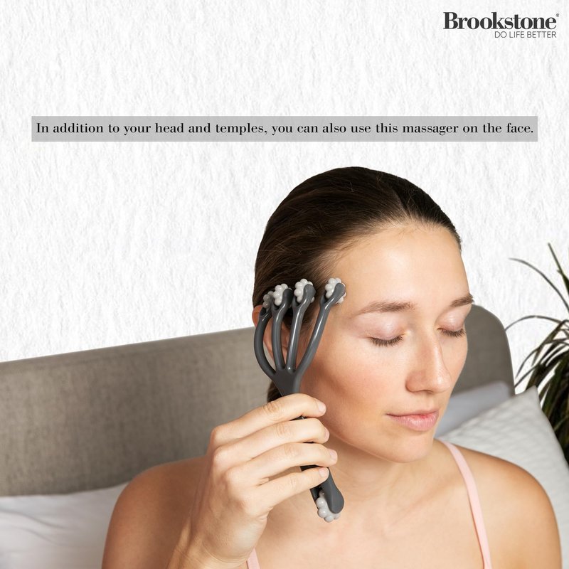 Brookstone Dual-Sided Scalp & Head Massager - Premium Scalp & Temple Relief - Roller Massager for Stress Relief & Relaxation - Ergonomic Massage Roller Tool (Grey)