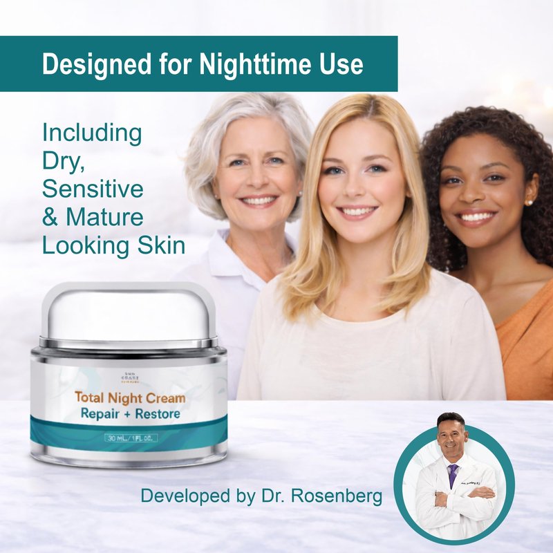 SUN COAST SCIENCES - Total Night Cream, Night Face Cream for All Skin Types, Night Face Moisturizer with Vitamin C, Niacinamide and Peptides, by Dr. Mark Rosenberg - 1 fl oz