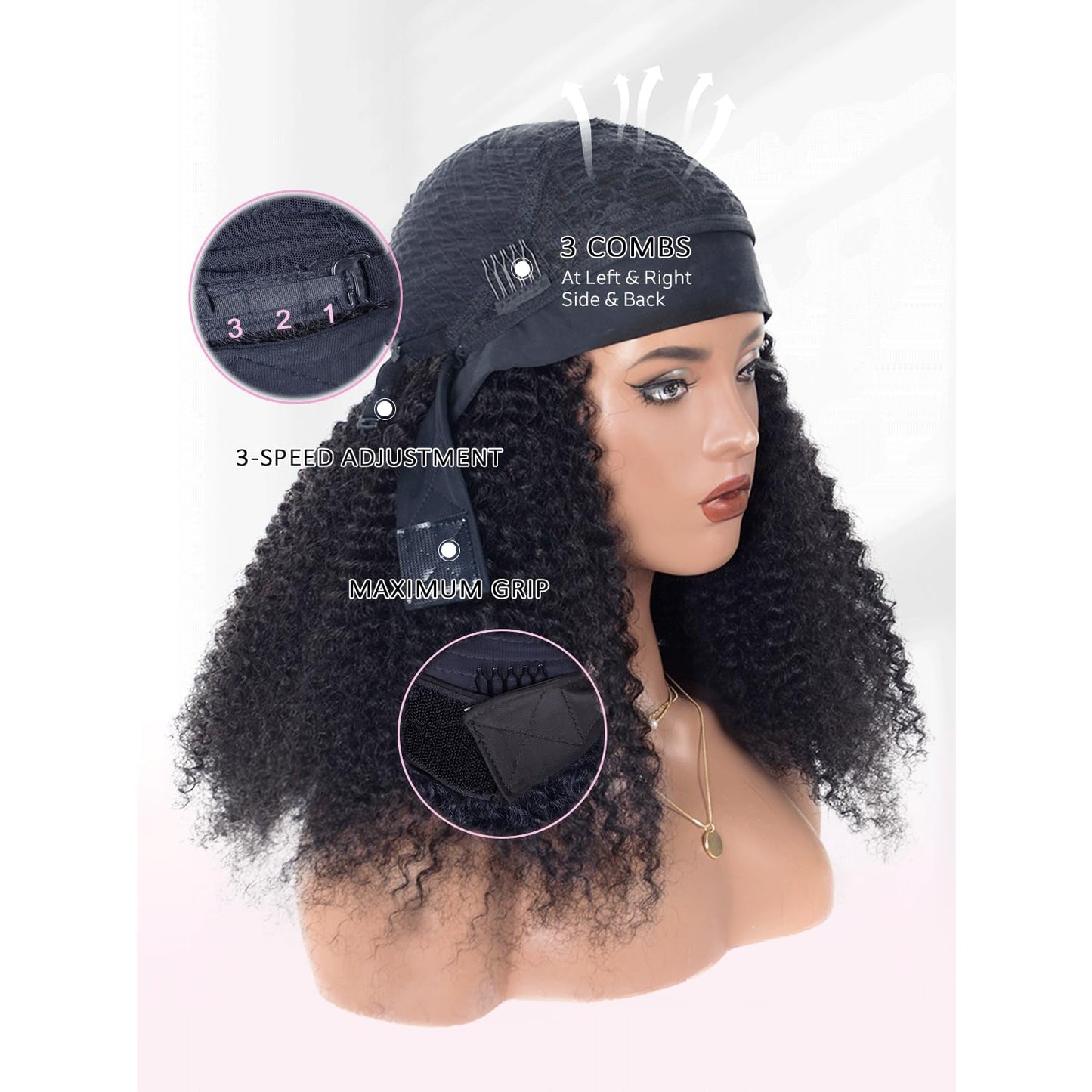 Woman's Romance Headband Wig Human Hair Wigs Kinky Curly Headband Wigs for Black Women Glueless Human hair Wig None Lace Front Wigs 180% Density Wear and Go Wig Natural Black Headband Wigs (28in)