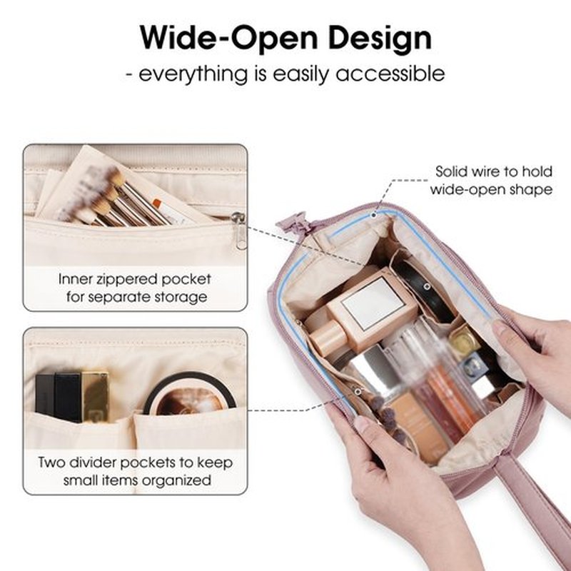 Narwey Large Makeup Bag Women Wide-open Make up Bag Travel Cosmetic Bag Organizer Toiletry Bag for Cosmetics Toiletries Accessories (Dusty Rose)