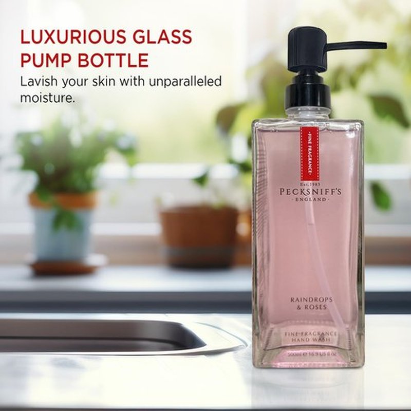 Pecksniff's Moisturizing Hand Wash - Vitamin B Enriched, Natural & Gentle Cleanser, Luxurious Hand Wash 500ml/16.9 fl oz (Glass, Raindrops & Roses)