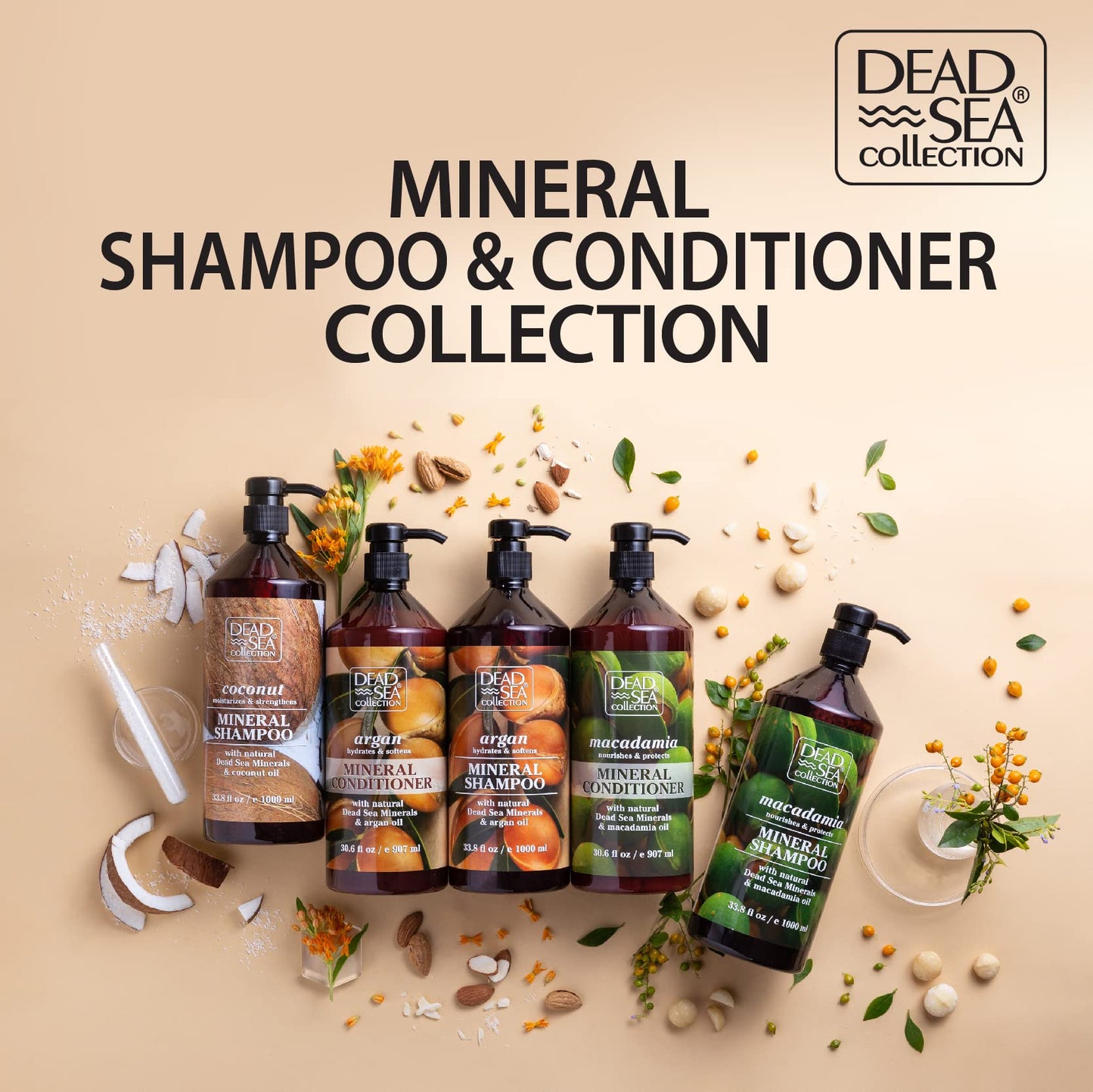 Dead Sea Collection Shampoo and Conditioner Set with Macadamia Oil – Hydrating Softening Hair Products with Dead Sea Minerals for All Hair Types – Set of 2 Bottles (33.8 & 30.6 Fl. Oz.)