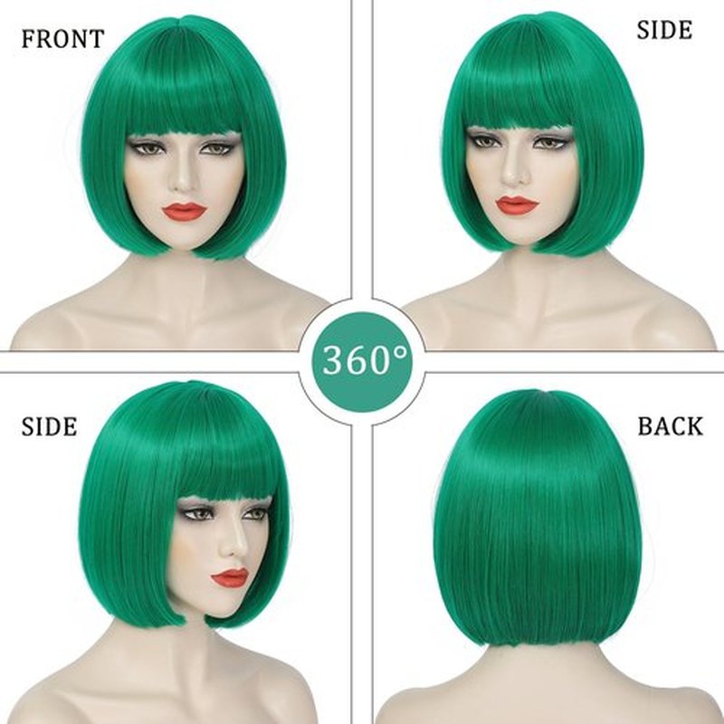 YBYMCAI Green Bob Wig With Bangs Short Dark Green Bob Wigs For Women Straight Bob Bangs Wig 10 Inch Heat Resistant Synthetic Hair Natural Looking For Daily Party Use