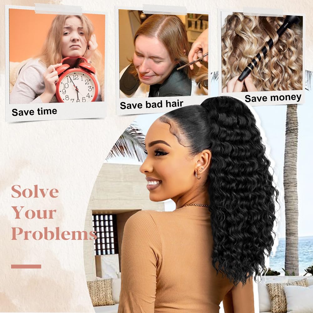 ALXNAN Wavy Curly Ponytail Extension, Long Soft 18" Ombre Auburn Drawstring Ponytail for Black Women Natural Synthetic Hairpiece Thick For Daily Use