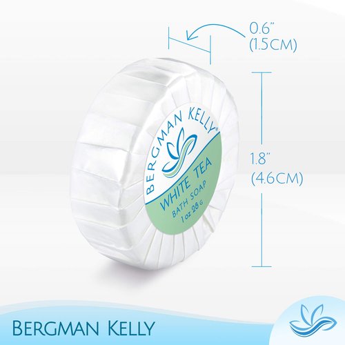 BERGMAN KELLY - Hotel Soap Bars - White Tea, 1 oz, 200 PK - Travel Size Luxury Bulk Amenities Bar Soap, Mini Individually Wrapped Round Soap - Small Toiletries for Airbnb, Motel, Guest Bathroom