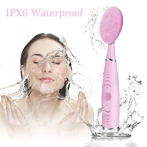 Sonic Facial Cleansing Brush, Lyrzzey Portable Handled Face Cleansing Brush with 5 Adjustable Speeds Vibrating Rechargeable Face Cleansing Brush for Deep Cleaning Gentle Exfoliating Massaging(Pink)