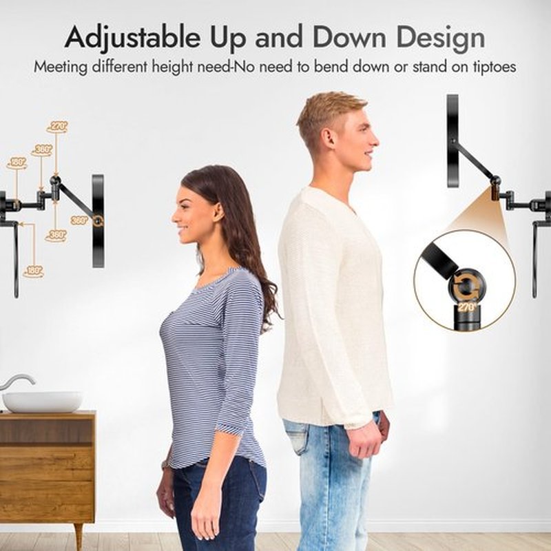 Rocollos Height Adjustable Wall Mounted Makeup Mirror with Towel Ring, Double Sided 1X/10X Magnifying Rechargeable LED Vanity Mirror with Lights 360 Swivel Extendable Arm Lighted Cosmetic Mirror