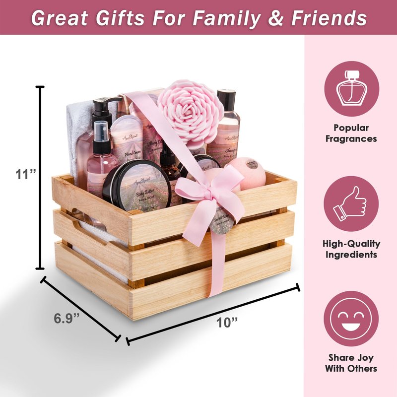 Aqua Elegante Full Spa Gift Set - 15 Piece Premium Bath Basket with Wash, Bubbles, Lotion, Salts, Body Scrub, Towel, Shower Puff, Bathbombs, Reusable Basket, Gifts for Women - Rose Oil & Orchid